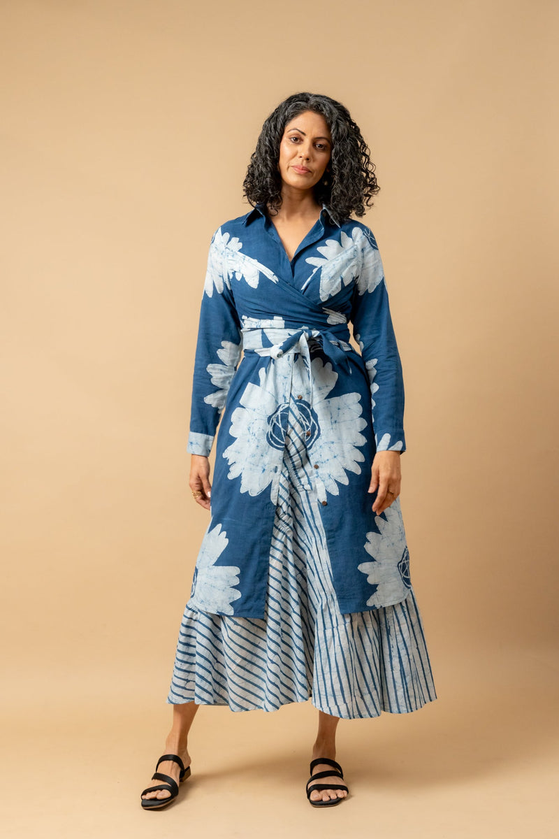 Thea batik flower dress by Doodlage in blue color for women Worldwide