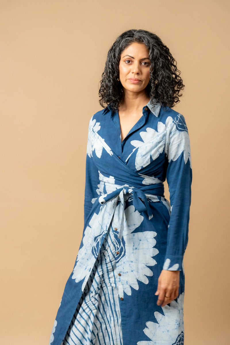 Thea batik flower dress by Doodlage in blue color for women Worldwide