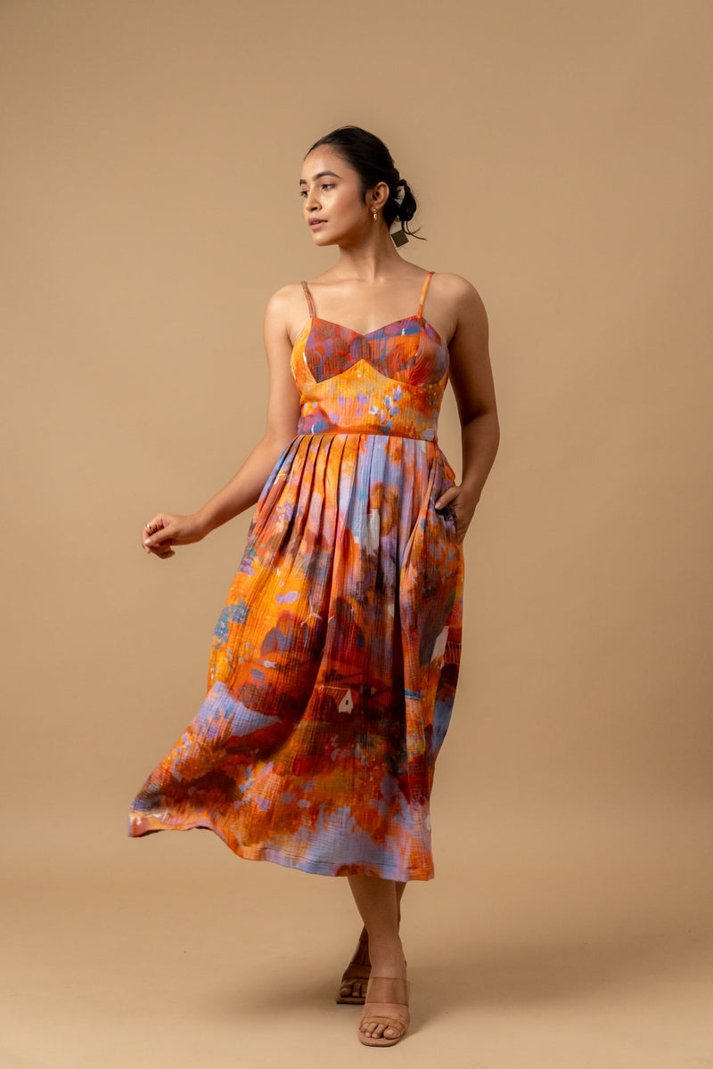 Mary printed dress-Rust organic cotton gauge by Doodlage in multi color for women Worldwide