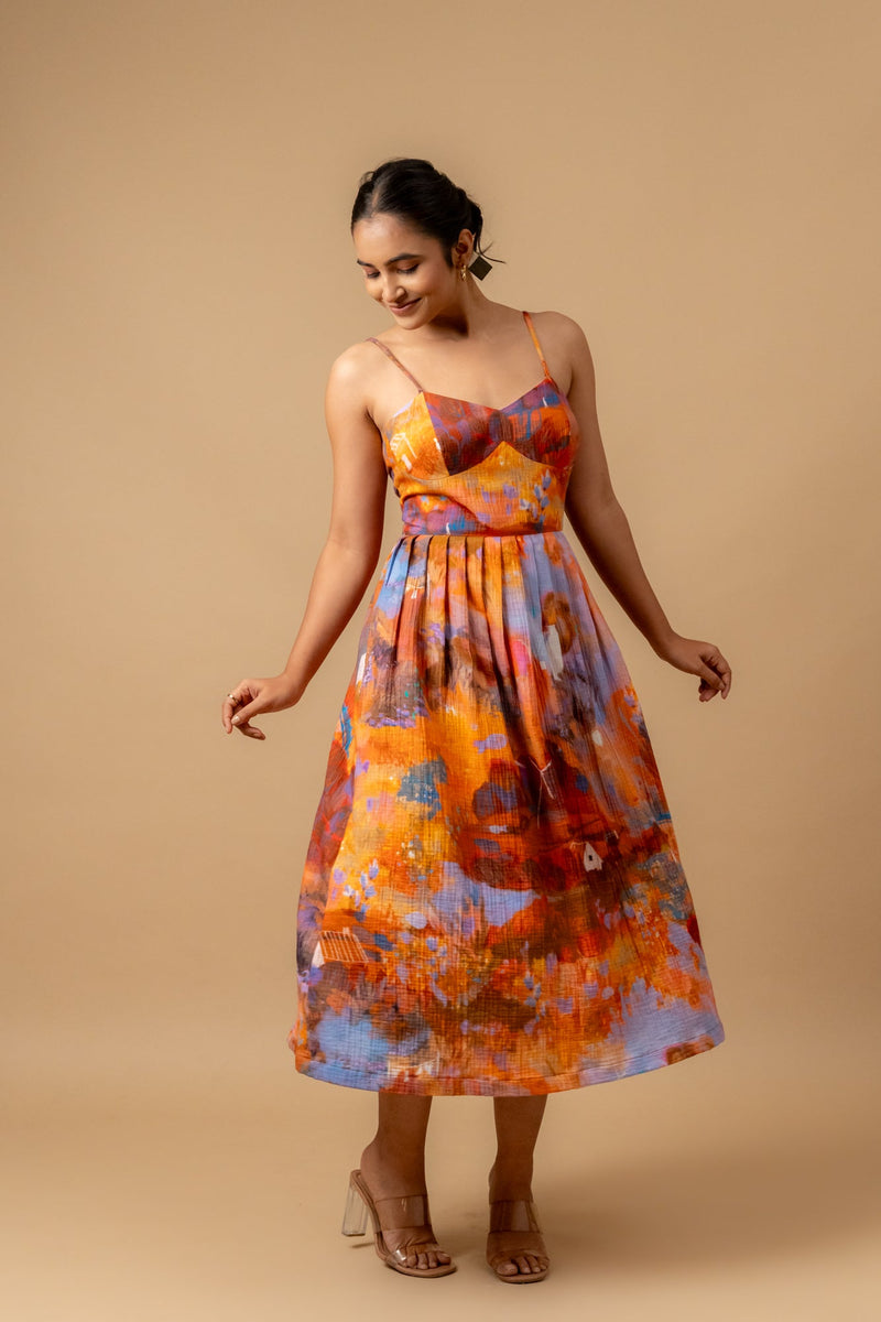 Mary printed dress-Rust organic cotton gauge by Doodlage in multi color for women Worldwide