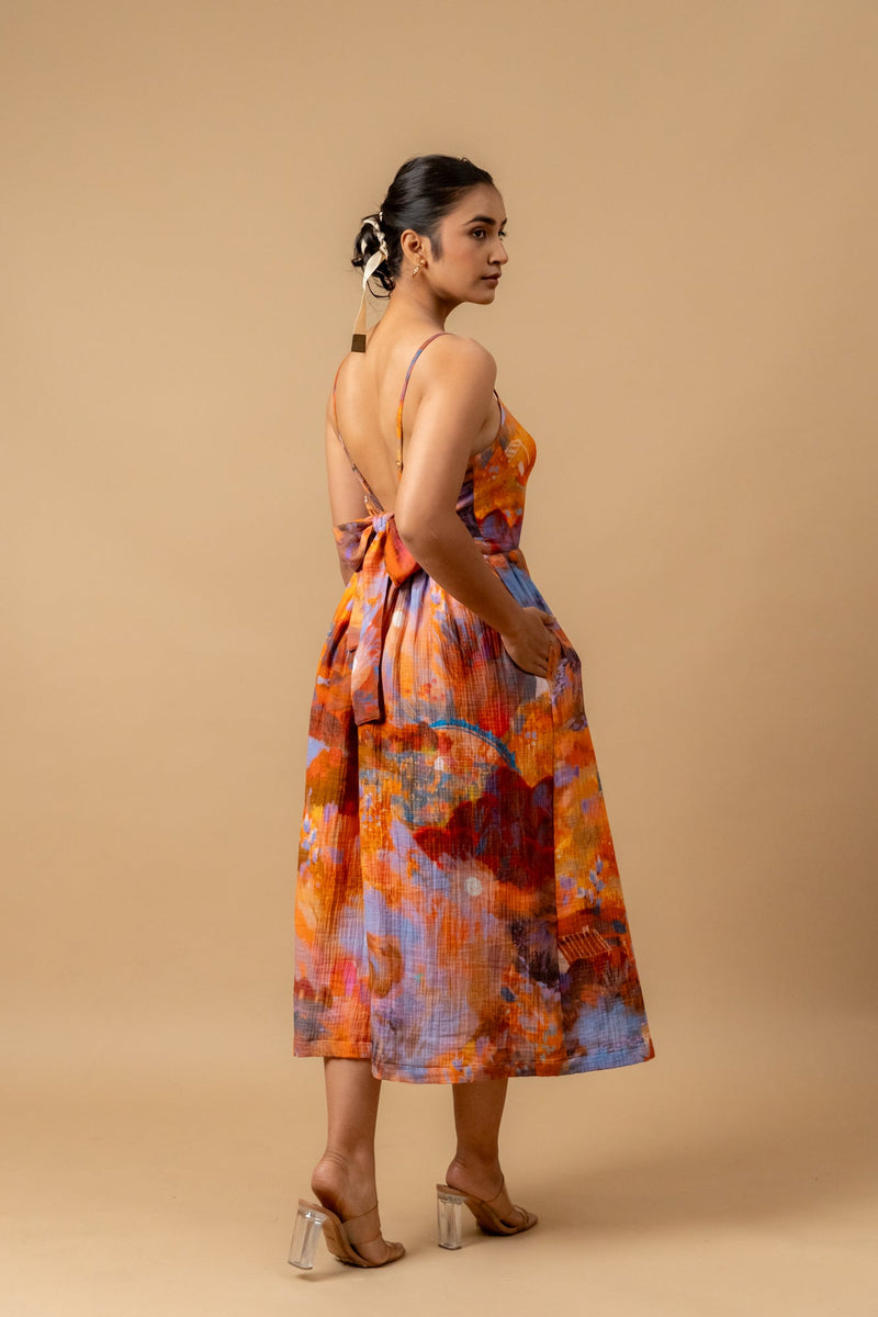 Mary printed dress-Rust organic cotton gauge by Doodlage in multi color for women Worldwide