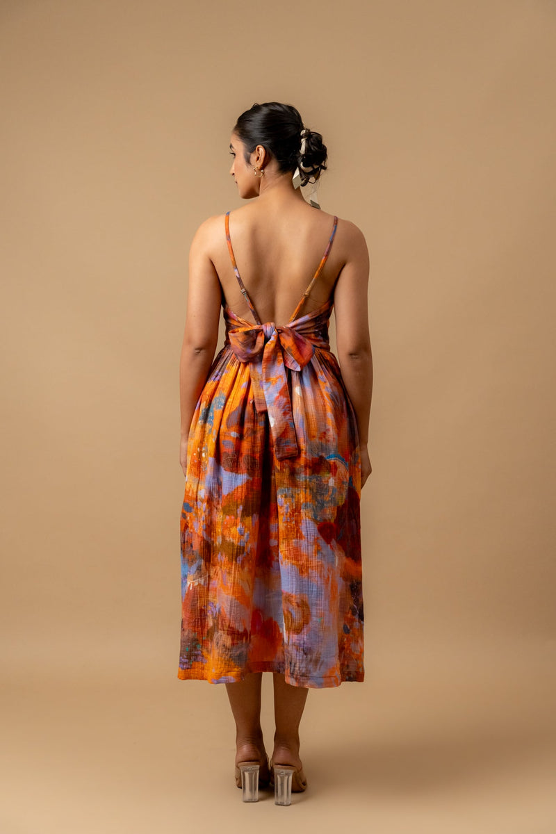 Mary printed dress-Rust organic cotton gauge by Doodlage in multi color for women Worldwide