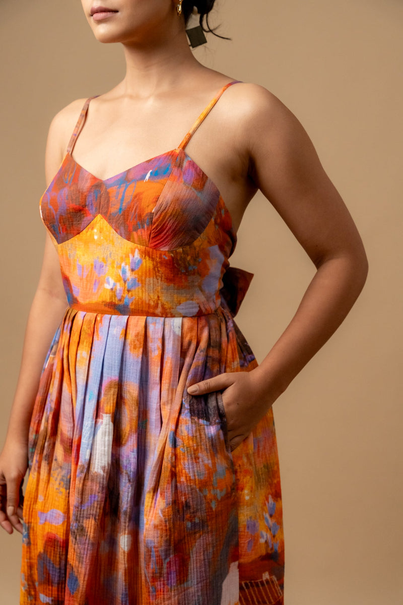 Mary printed dress-Rust organic cotton gauge by Doodlage in multi color for women Worldwide