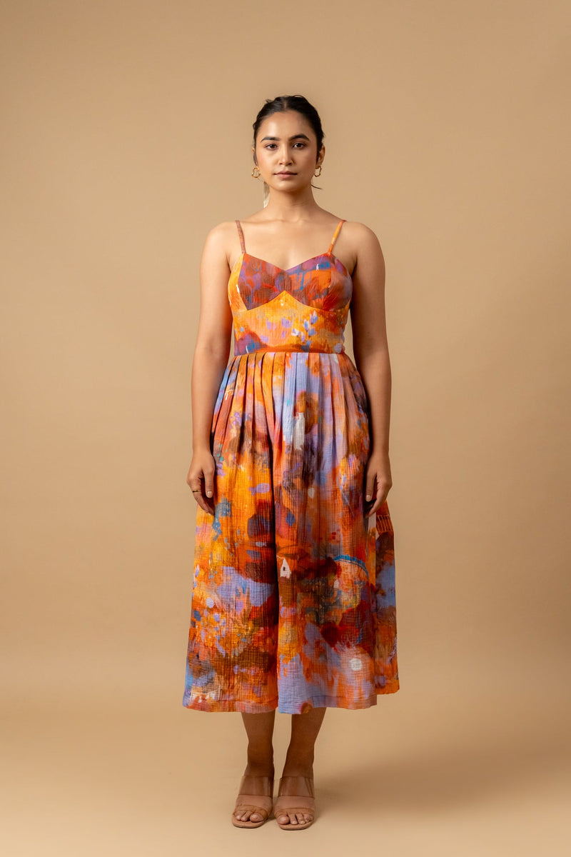 Mary printed dress-Rust organic cotton gauge by Doodlage in multi color for women Worldwide