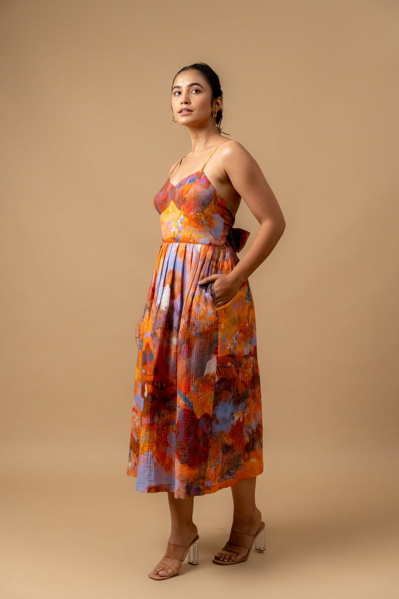 Mary printed dress-Rust organic cotton gauge by Doodlage in multi color for women Worldwide
