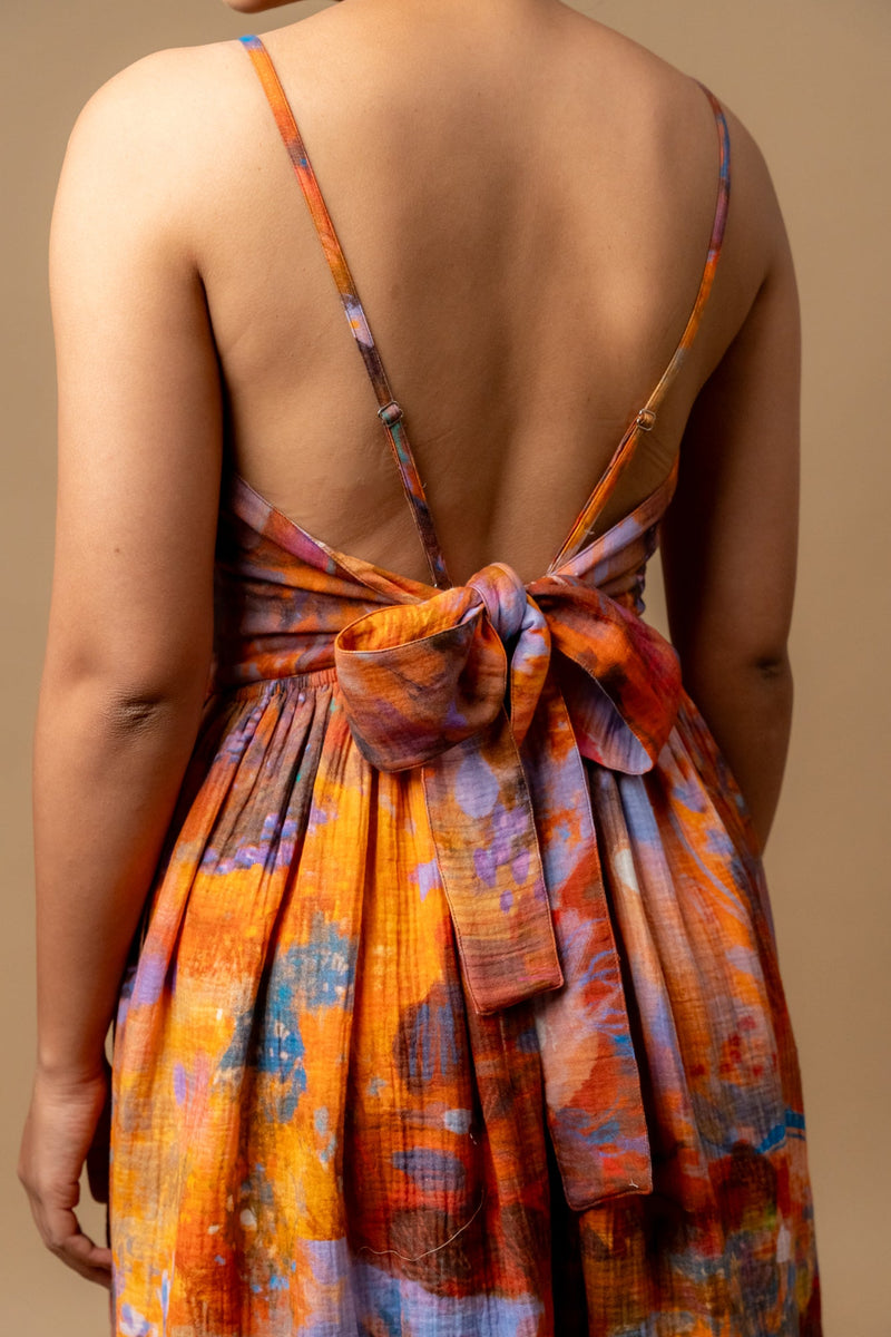 Mary printed dress-Rust organic cotton gauge by Doodlage in multi color for women Worldwide