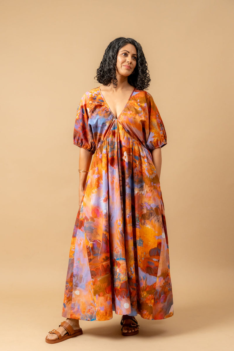 Dewbell printed dress organic cotton gauge by Doodlage in multi color for women Worldwide