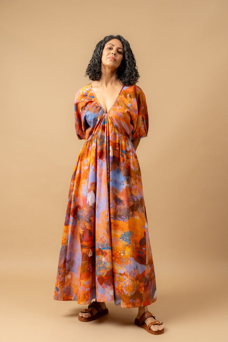 Dewbell printed dress organic cotton gauge by Doodlage in multi color for women Worldwide
