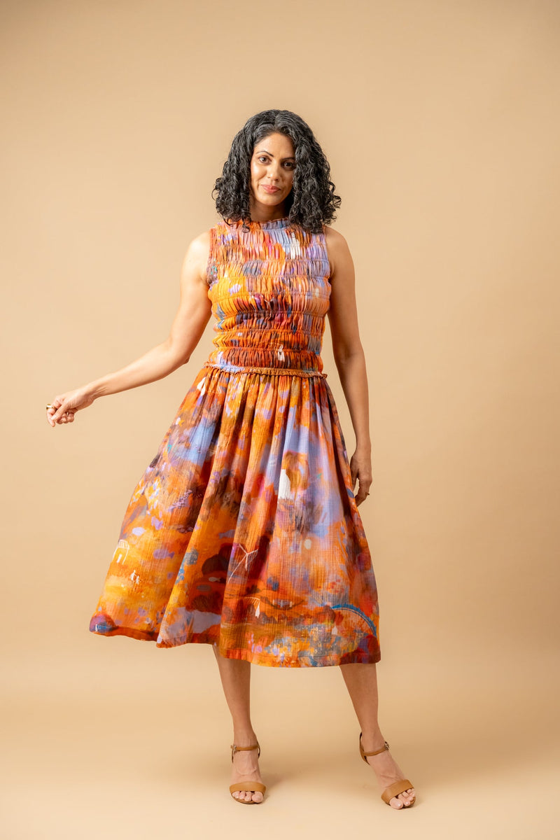 Midsummer smocked dress organic cotton gauge by Doodlage in multi color for women Worldwide