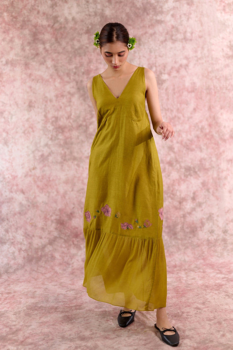 Iris Embroidered Dress georgette by Doodlage in green color for women Worldwide