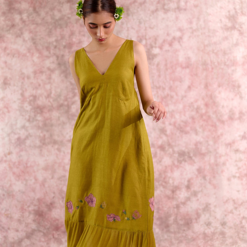Iris Embroidered Dress georgette by Doodlage in green color for women Worldwide