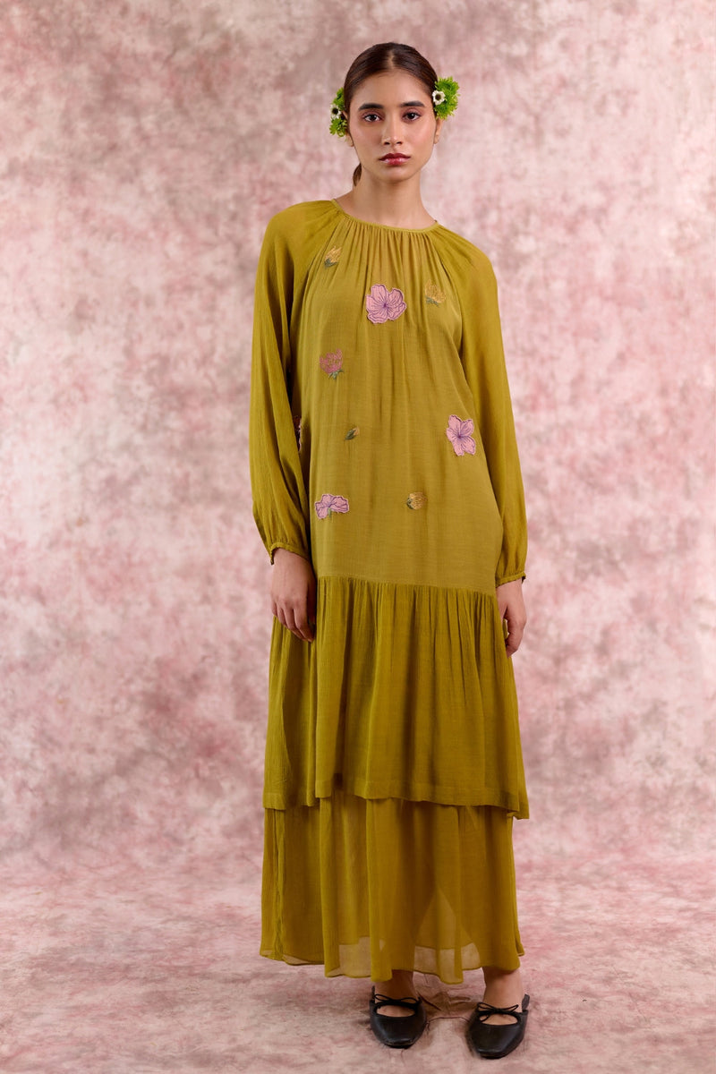 Twig embroidered dress silk by Doodlage in green color for women Worldwide