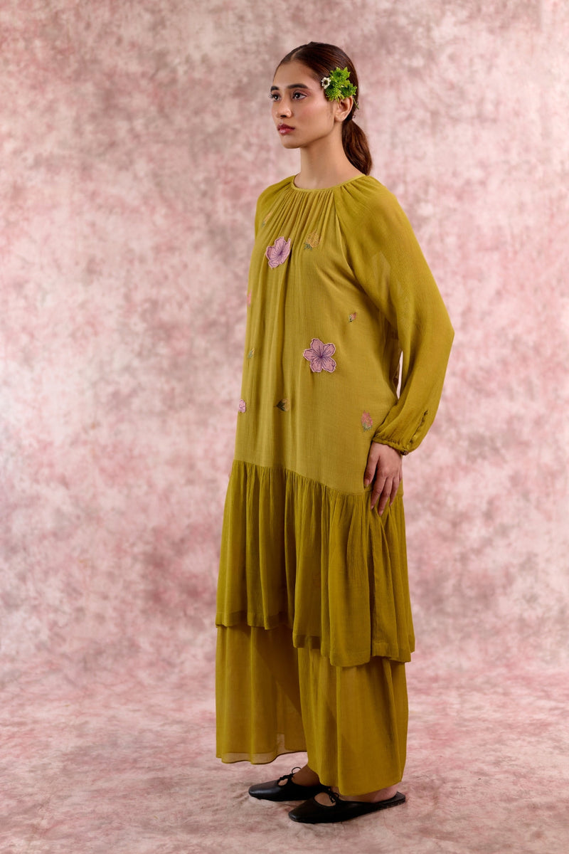 Twig embroidered dress silk by Doodlage in green color for women Worldwide