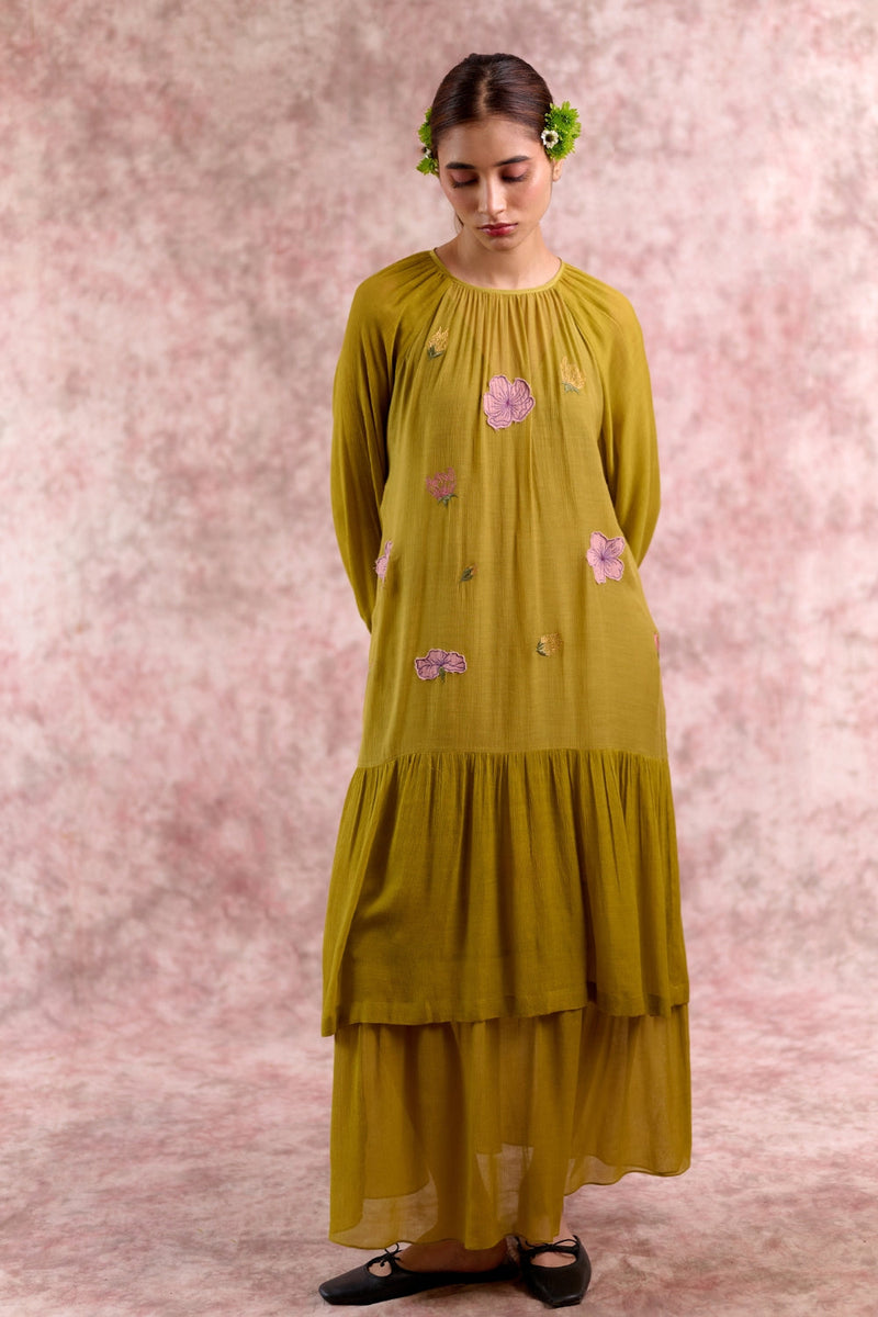 Twig embroidered dress silk by Doodlage in green color for women Worldwide