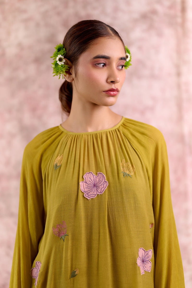 Twig embroidered dress silk by Doodlage in green color for women Worldwide
