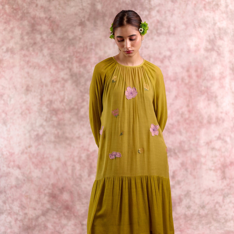 Twig embroidered dress silk by Doodlage in green color for women Worldwide