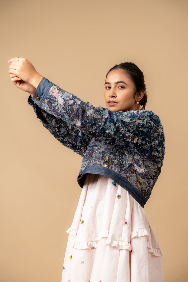 June denim textured jacket by Doodlage in navy color for women Worldwide