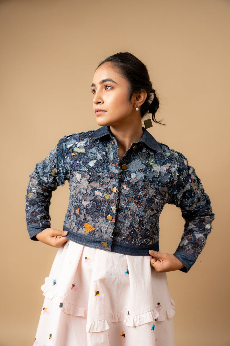 June denim textured jacket by Doodlage in navy color for women Worldwide