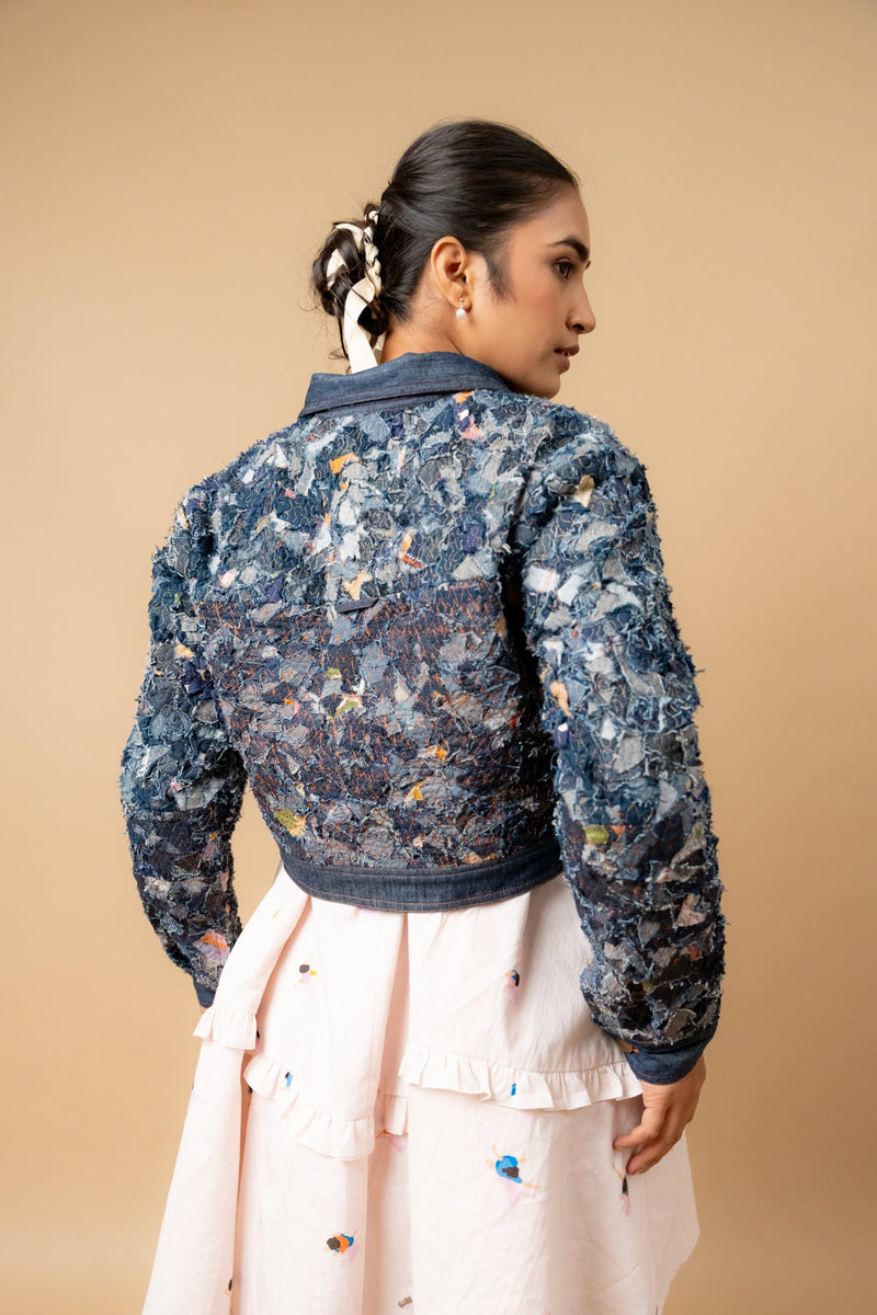 June denim textured jacket by Doodlage in navy color for women Worldwide