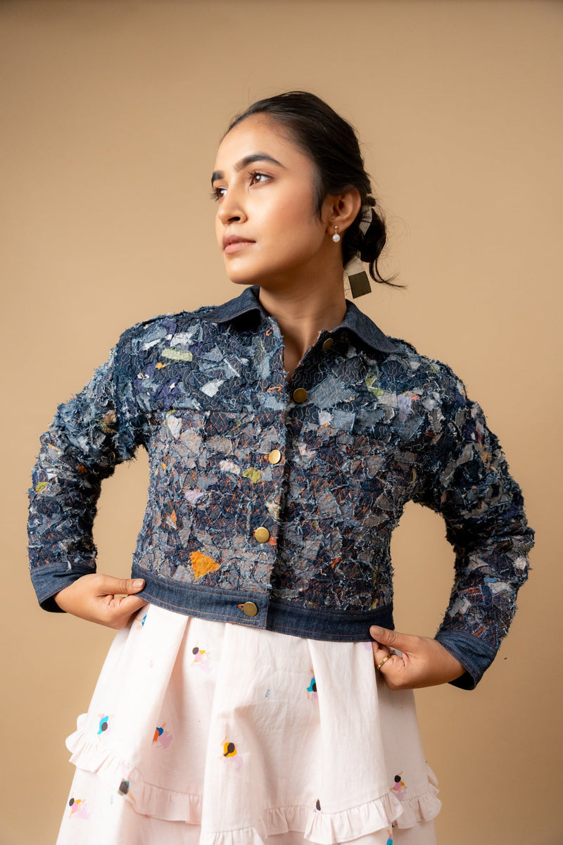 June denim textured jacket by Doodlage in navy color for women Worldwide