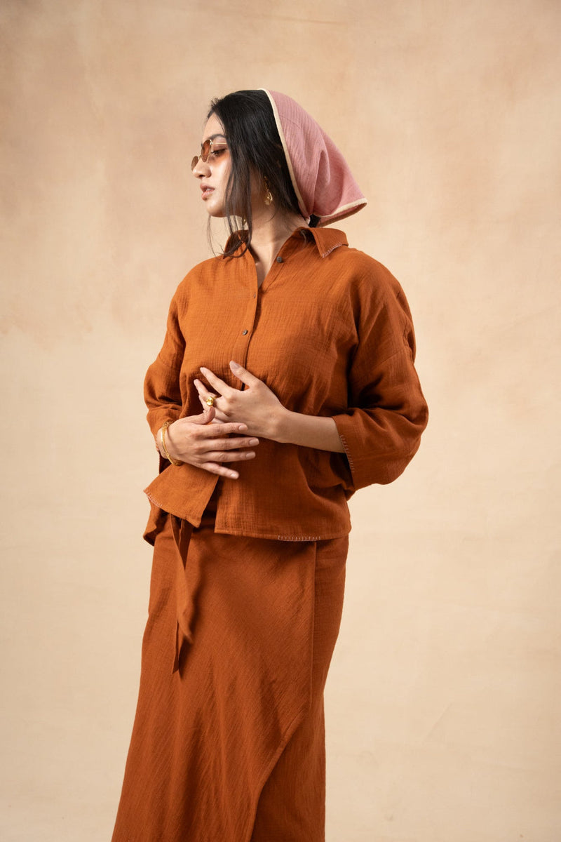 Shirin Oversized Shirt organic cotton gauge by Doodlage in rust color for women Worldwide