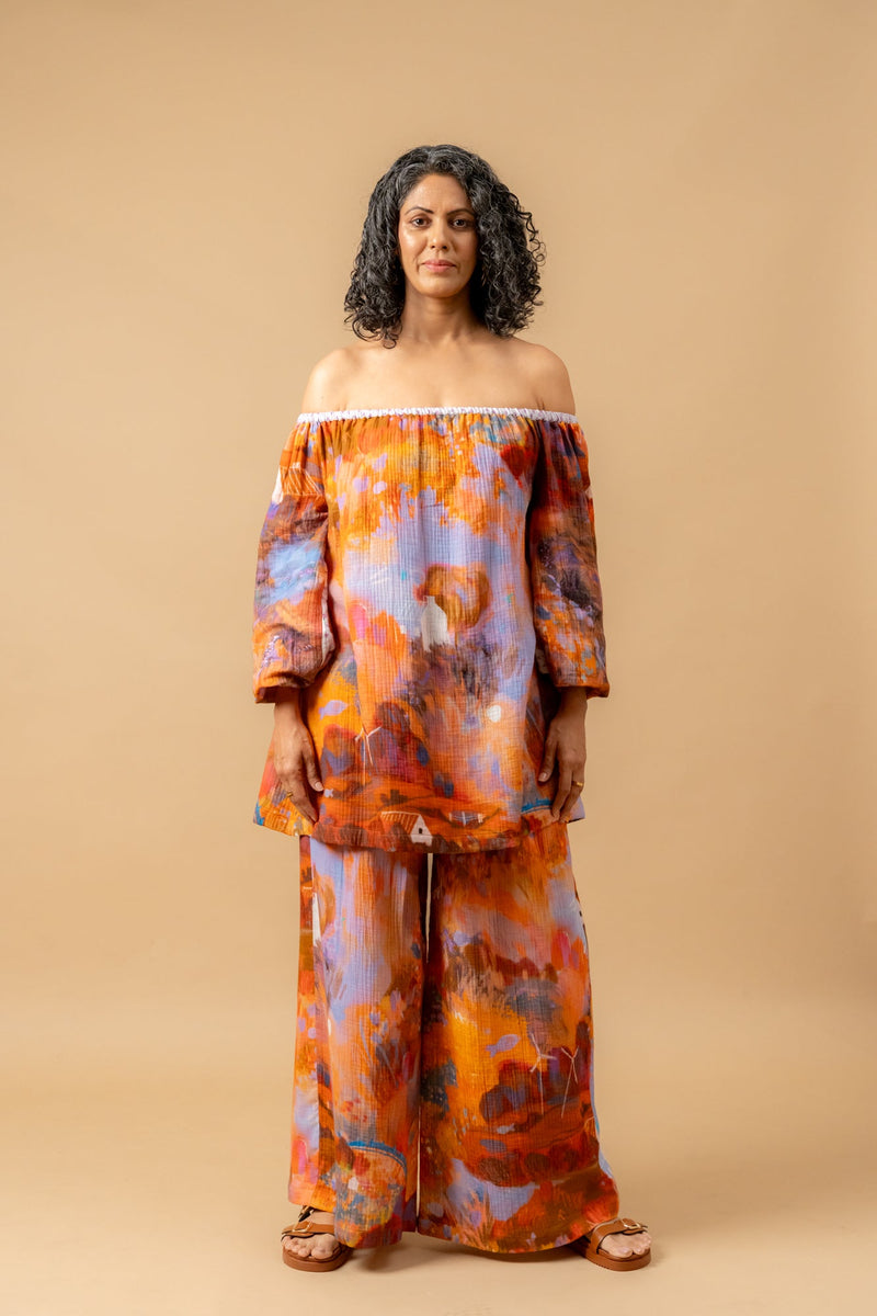 Firefly flicker printed pants organic cotton gauge by Doodlage in multi color for women Worldwide