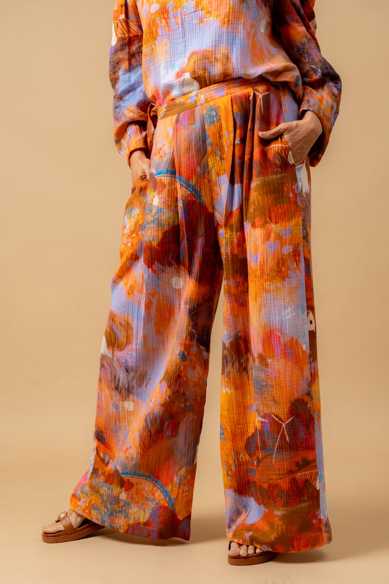Firefly flicker printed pants organic cotton gauge by Doodlage in multi color for women Worldwide