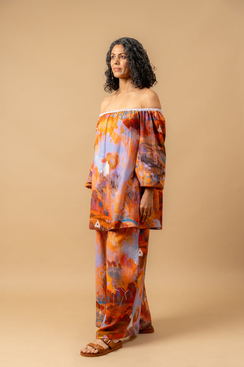 Firefly flicker printed pants organic cotton gauge by Doodlage in multi color for women Worldwide