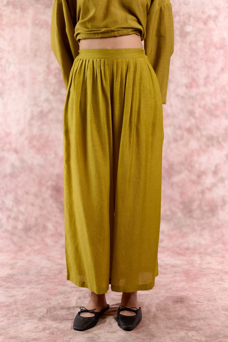 AURORA GREEN PANTS linen by Doodlage in green color for women Worldwide