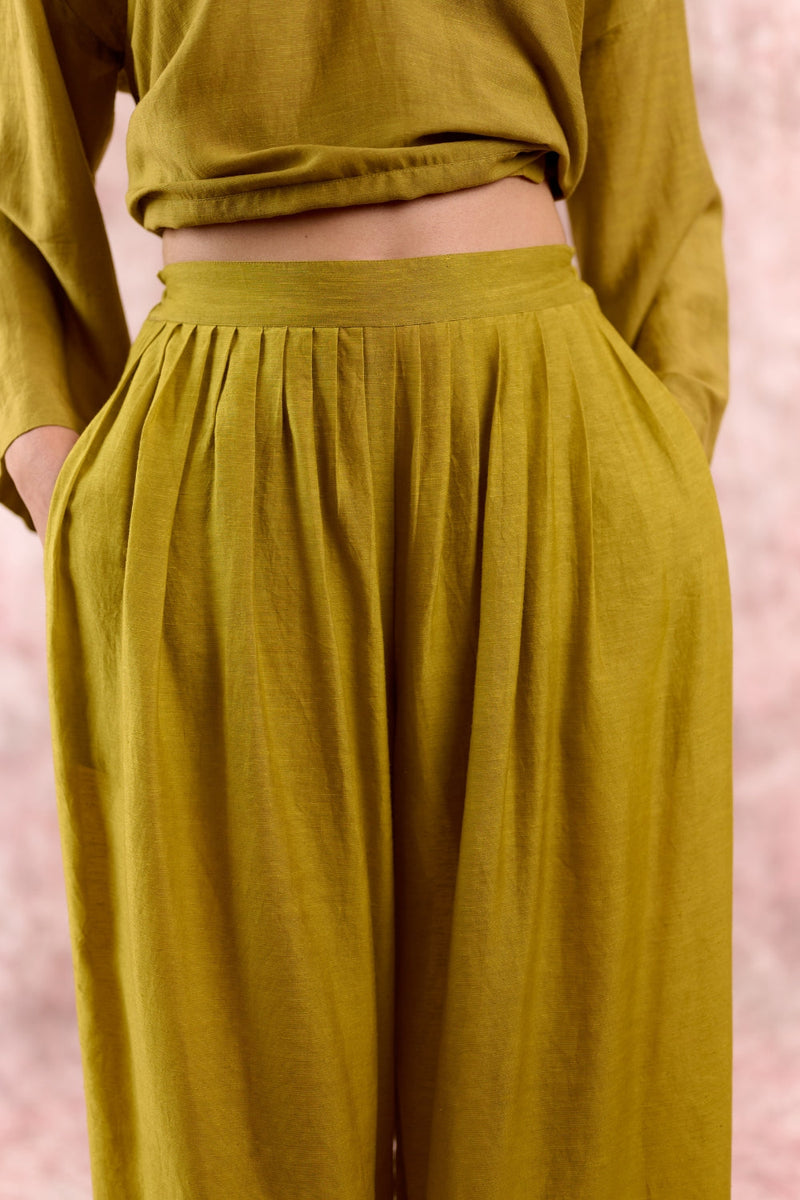 AURORA GREEN PANTS linen by Doodlage in green color for women Worldwide