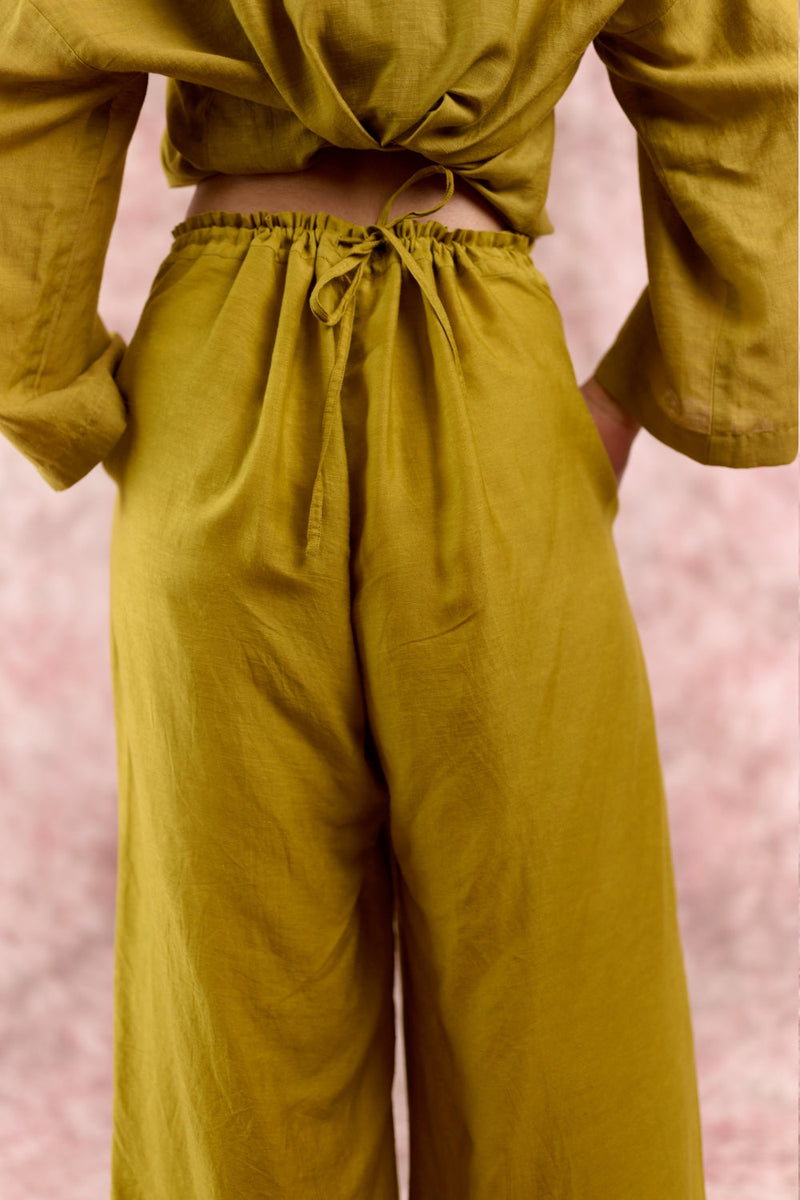 AURORA GREEN PANTS linen by Doodlage in green color for women Worldwide