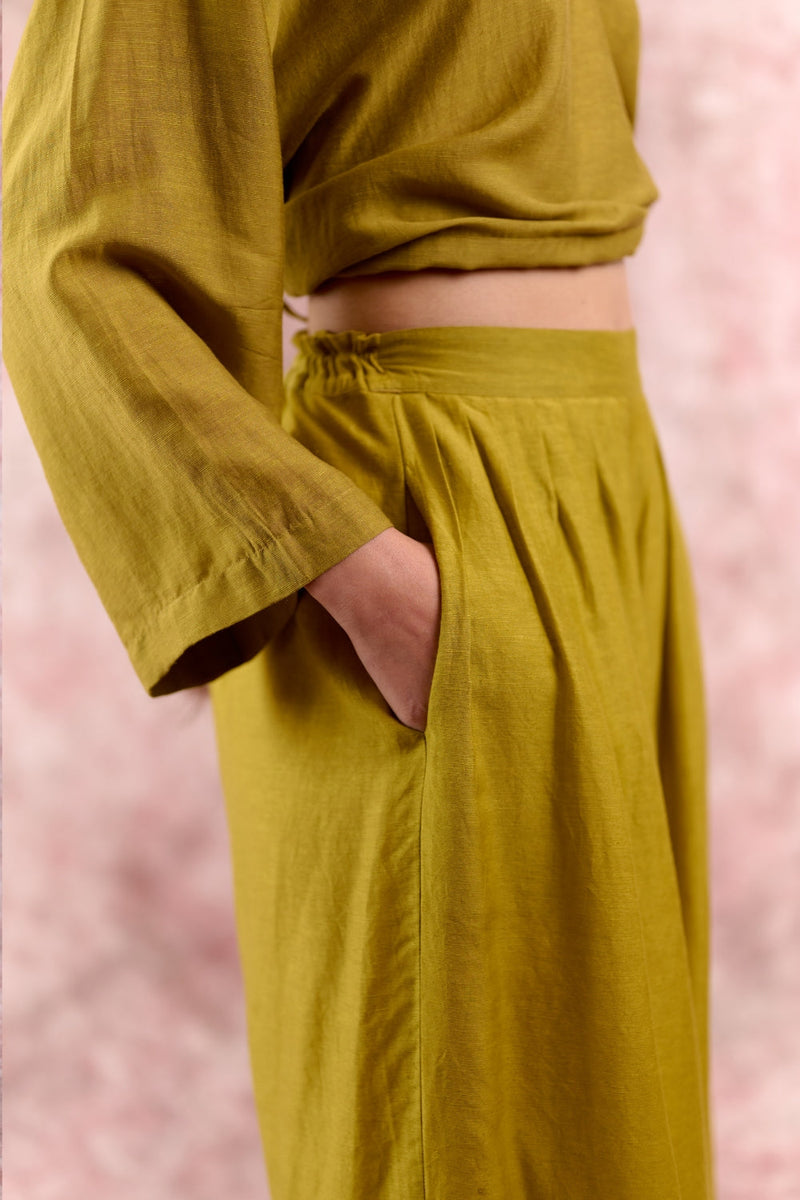 AURORA GREEN PANTS linen by Doodlage in green color for women Worldwide