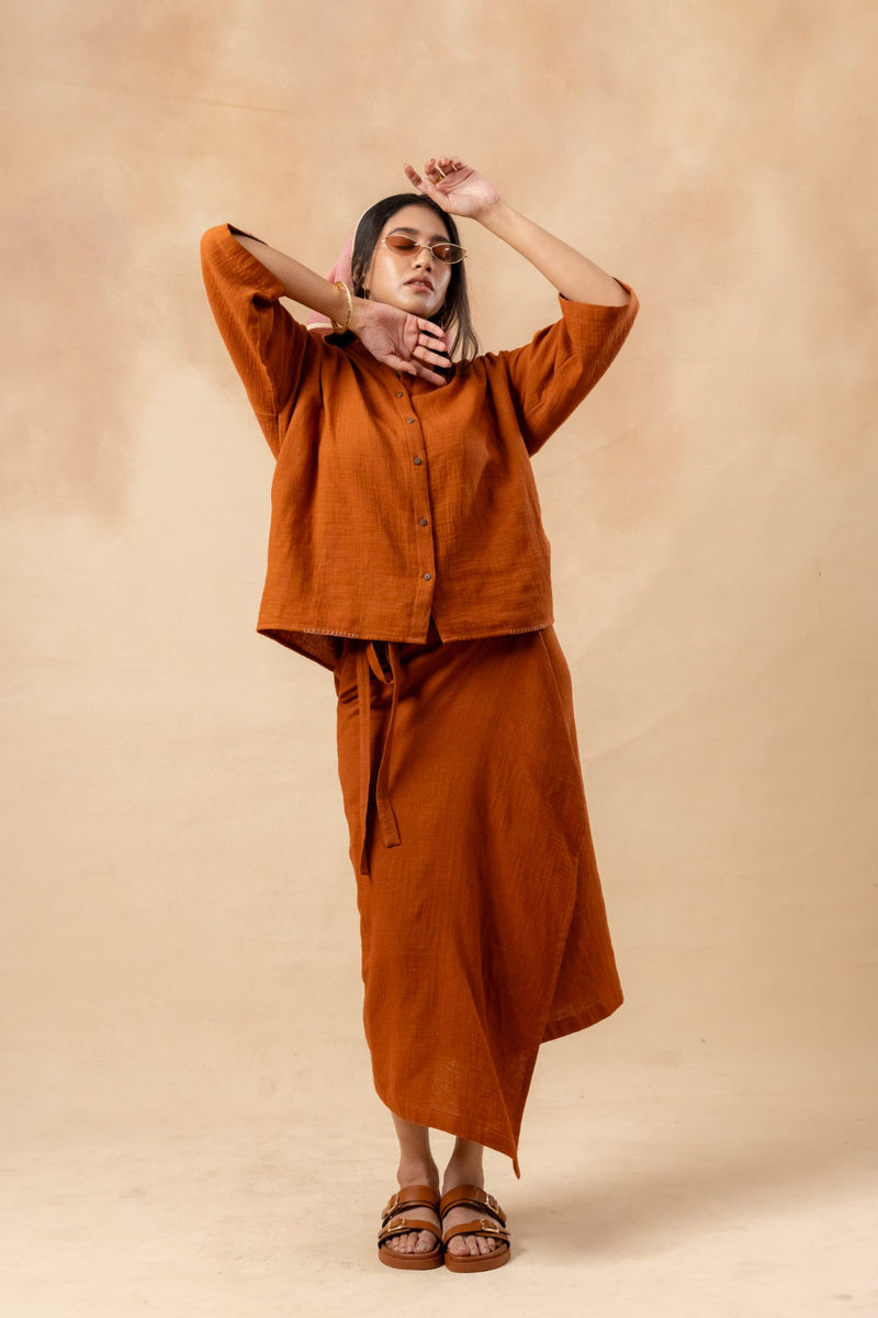 Shirin Organic Cotton Skirt organic cotton gauge by Doodlage in rust color for women Worldwide