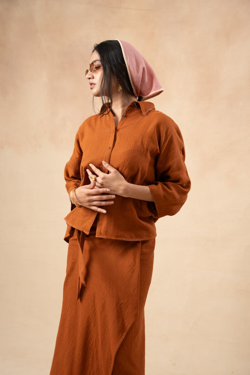 Shirin Organic Cotton Skirt organic cotton gauge by Doodlage in rust color for women Worldwide