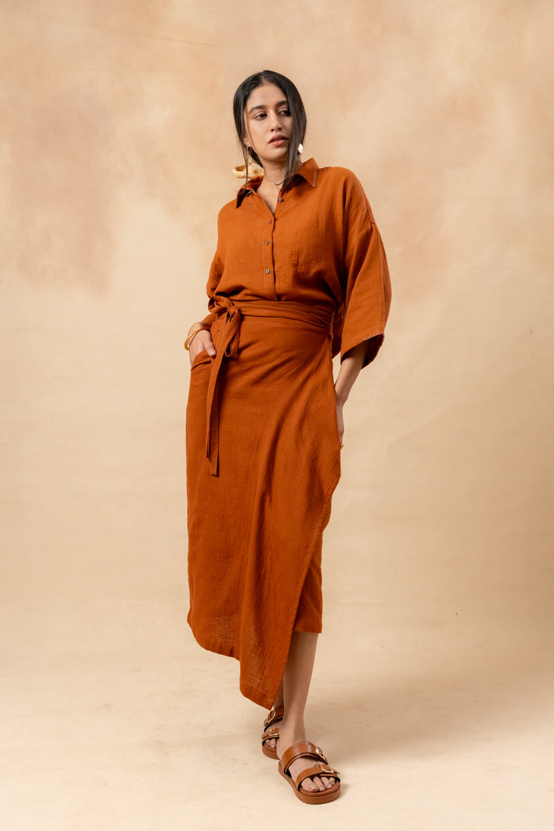 Shirin Organic Cotton Skirt organic cotton gauge by Doodlage in rust color for women Worldwide