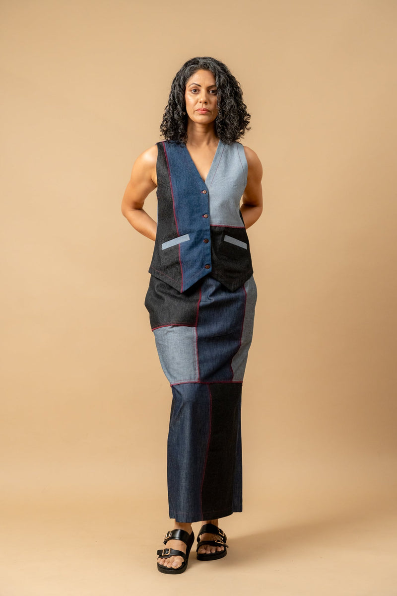 Abby denim patch skirt by Doodlage in navy color for women Worldwide