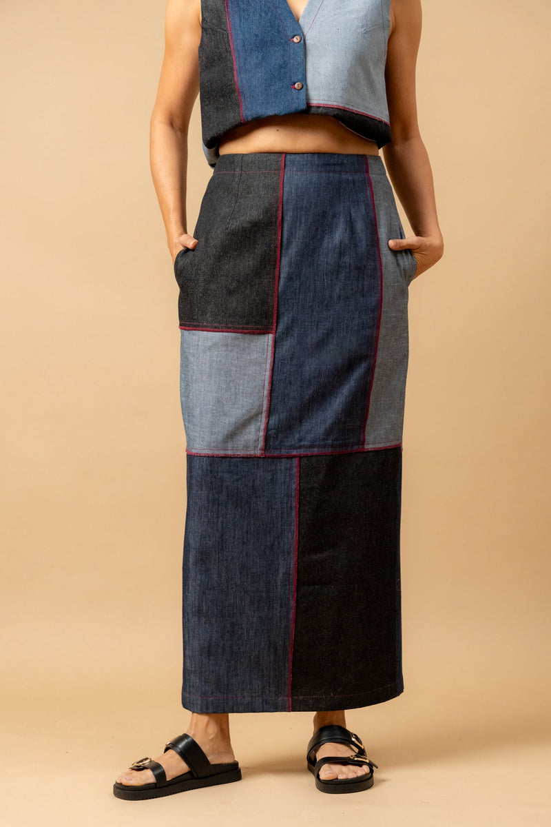 Abby denim patch skirt by Doodlage in navy color for women Worldwide