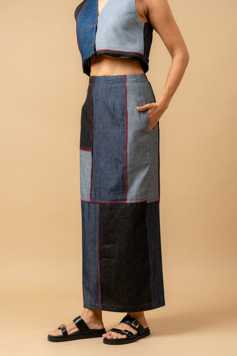 Abby denim patch skirt by Doodlage in navy color for women Worldwide