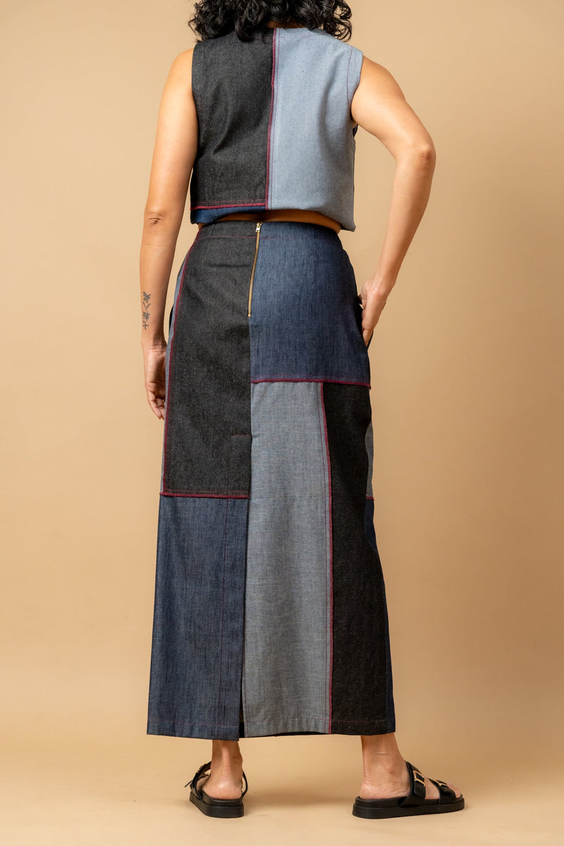 Abby denim patch skirt by Doodlage in navy color for women Worldwide