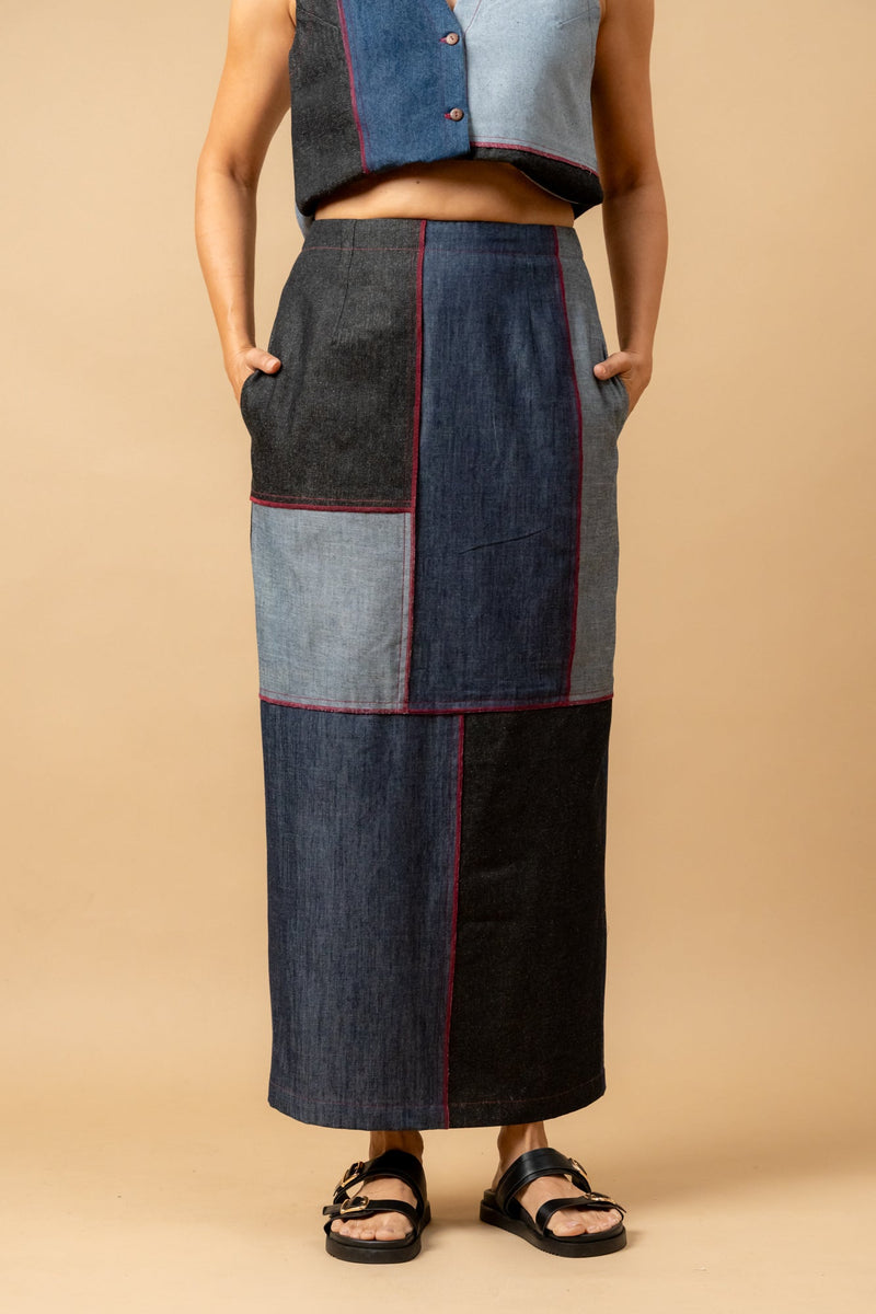 Abby denim patch skirt by Doodlage in navy color for women Worldwide