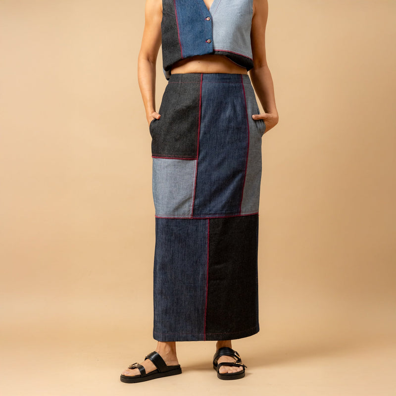 Abby denim patch skirt by Doodlage in navy color for women Worldwide
