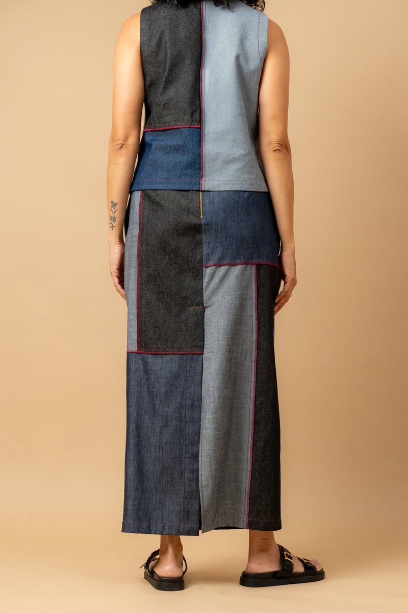 Abby denim patch skirt by Doodlage in navy color for women Worldwide