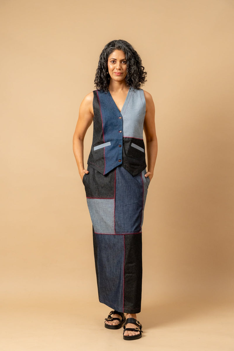 Abby denim patch skirt by Doodlage in navy color for women Worldwide