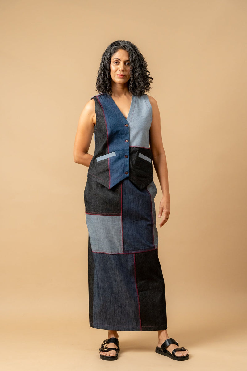 Abby denim patch skirt by Doodlage in navy color for women Worldwide