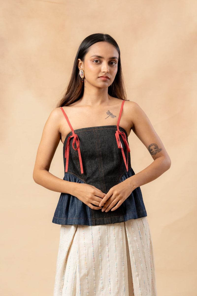 Sunhat Spell Denim Top by Doodlage in blue color for women Worldwide