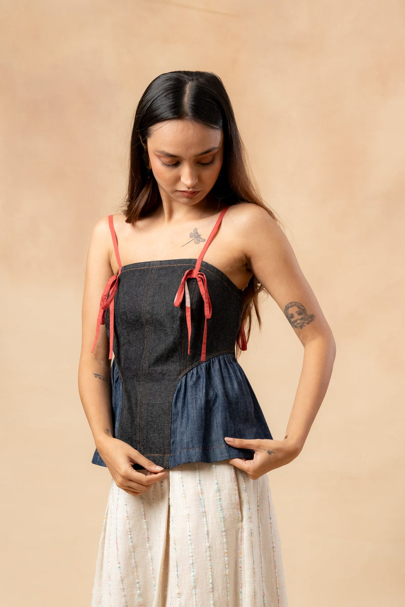 Sunhat Spell Denim Top by Doodlage in blue color for women Worldwide
