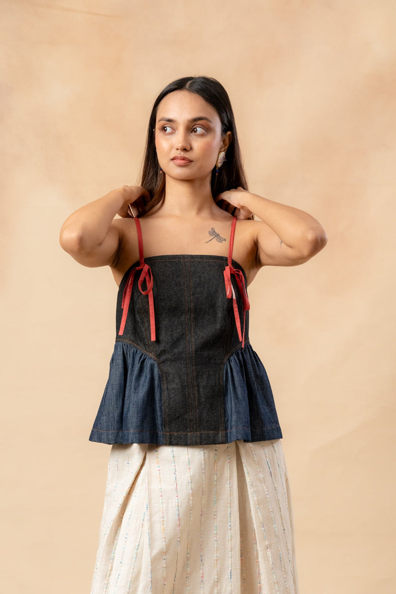Sunhat Spell Denim Top by Doodlage in blue color for women Worldwide