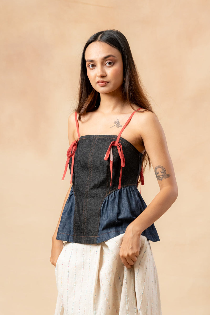 Sunhat Spell Denim Top by Doodlage in blue color for women Worldwide