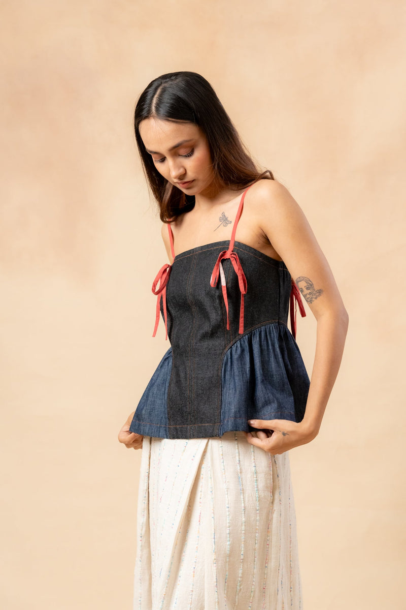 Sunhat Spell Denim Top by Doodlage in blue color for women Worldwide