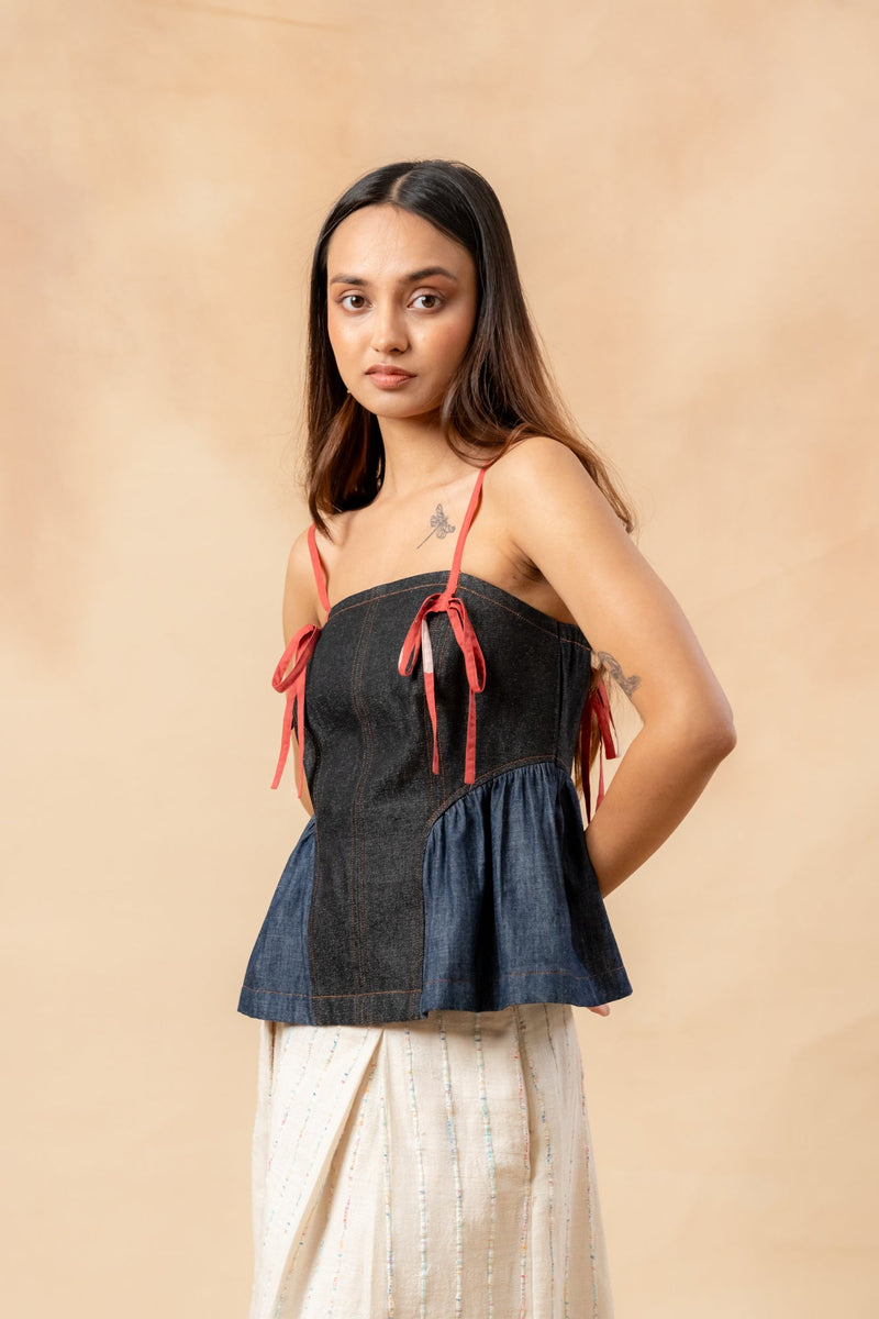 Sunhat Spell Denim Top by Doodlage in blue color for women Worldwide